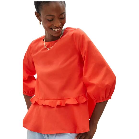 New Harshman Anthropologie Arpina Coral Puff Sleeve Peplum Blouse Size S - Picture 1 of 7